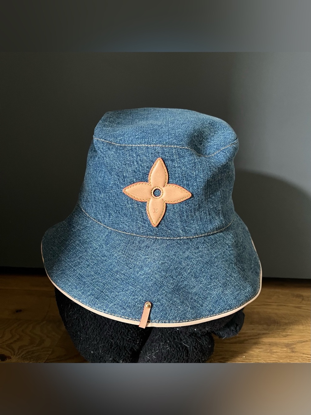 Louis Vuitton Blue Denim Bucket Hat with Tan Leather Monogram
